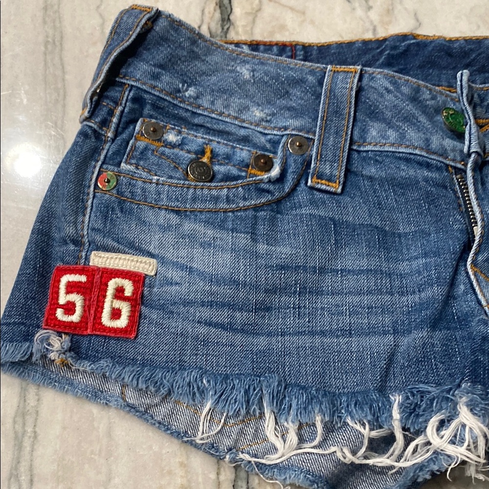True Religion Cutoff Women's Shorts with Patch Details - Blue - Picture 7 of 10